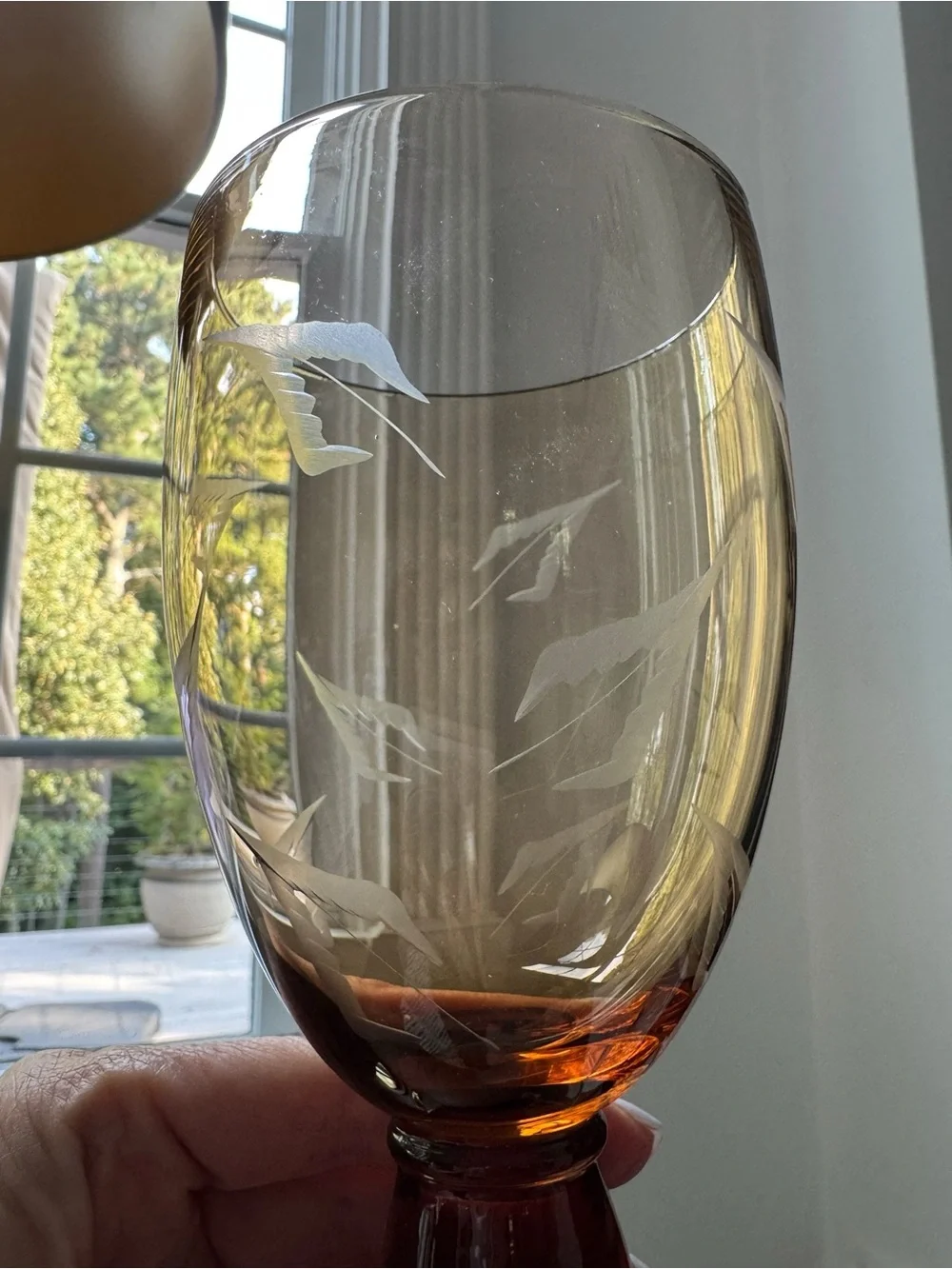 Set of 4 Pier 1 Etched leaf amber water wine glasses 8”